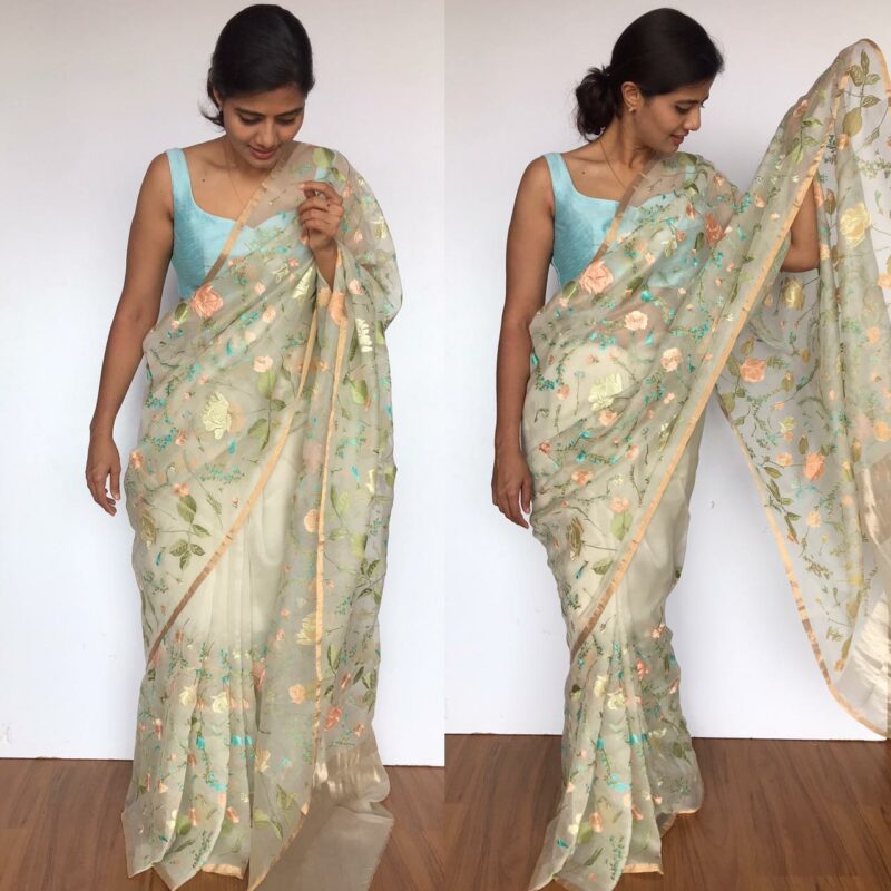 Offwhite Pure Organza Saree with Beautiful Floral Embroidery