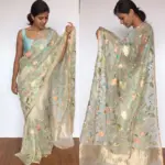 Offwhite Pure Organza Saree with Beautiful Floral Embroidery - Image 6