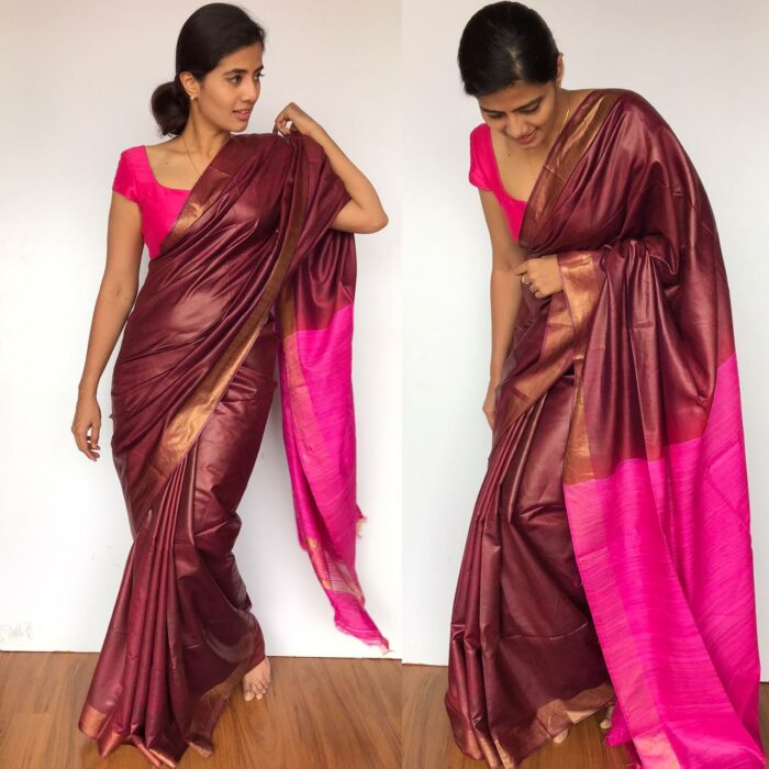 Maroon Handloom Tussar Ghicha Silk Saree