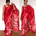 Scarlet Red Pure Silk Saree with Hand Painted Florals - Image 4