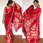 Scarlet Red Pure Silk Saree with Hand Painted Florals - Image 2