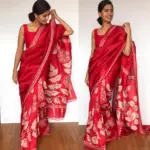 Scarlet Red Pure Silk Saree with Hand Painted Florals - Image 3