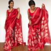 Scarlet Red Pure Silk Saree with Hand Painted Florals