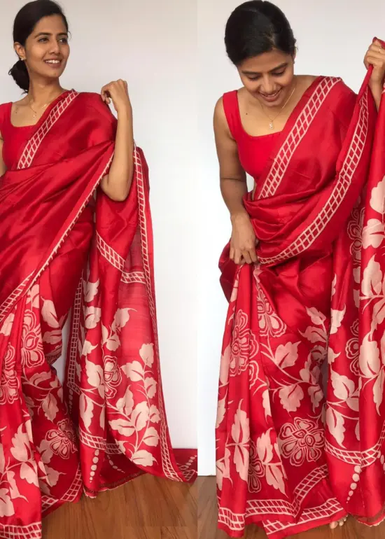 Scarlet Red Pure Silk Saree with Hand Painted Florals