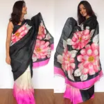 Black Pure Silk Saree with Hand Painted Florals - Image 5
