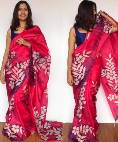 Pink Pure Silk Saree with Hand Painted Florals