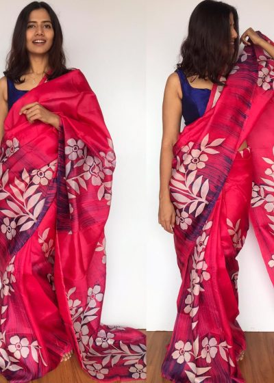 Pink Pure Silk Saree with Hand Painted Florals