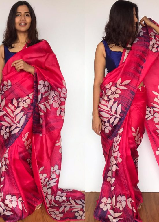 Pink Pure Silk Saree with Hand Painted Florals
