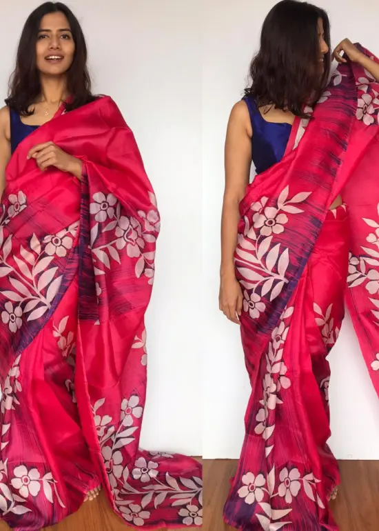 Pink Pure Silk Saree with Hand Painted Florals