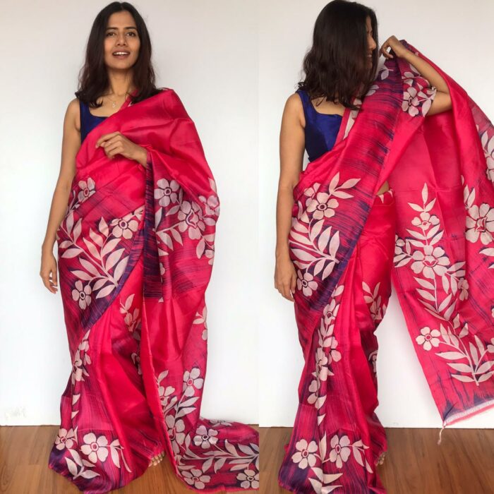 Pink Pure Silk Saree with Hand Painted Florals