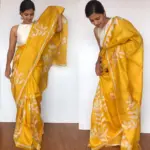 Yellow Pure Silk Saree with Handpainted Florals - Image 6