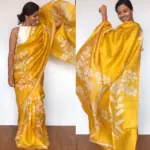 Yellow Pure Silk Saree with Handpainted Florals - Image 4