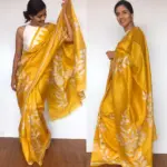 Yellow Pure Silk Saree with Handpainted Florals