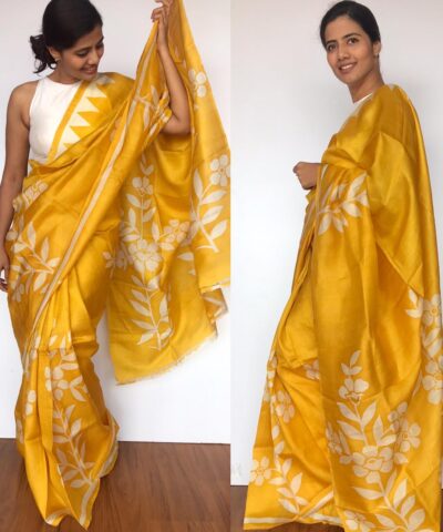 Yellow Pure Silk Saree with Handpainted Florals