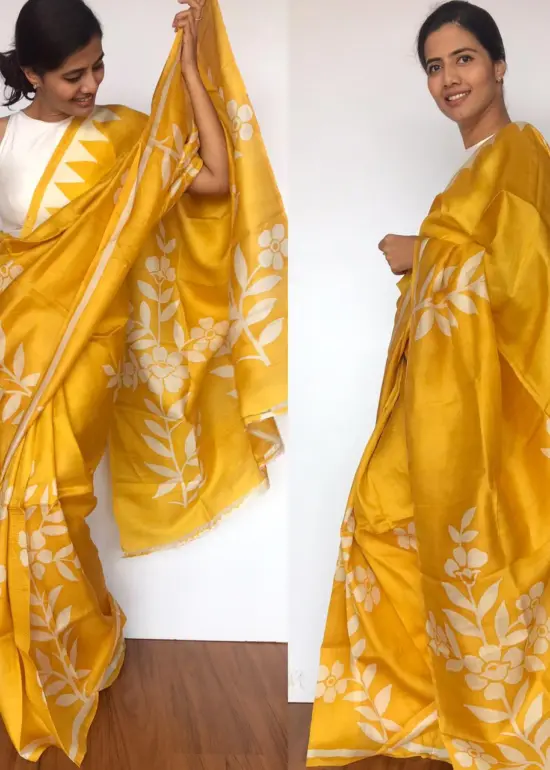 Yellow Pure Silk Saree with Handpainted Florals
