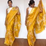 Yellow Pure Silk Saree with Handpainted Florals - Image 3