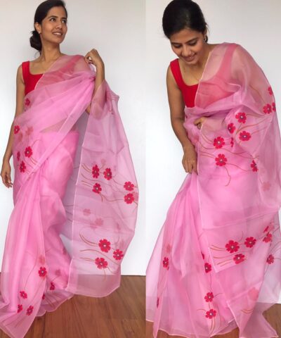 Pink Handpainted Organza Saree