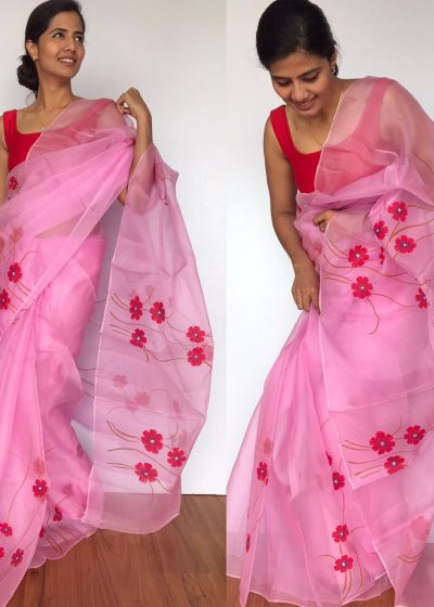 Pink Handpainted Organza Saree