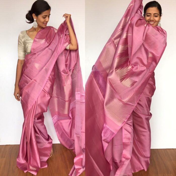 Onion Pink Kanjivaram Silk Saree with Silver Zari Weaves