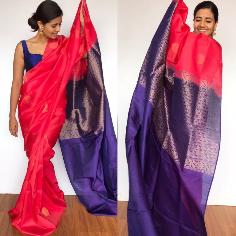 Peachy Red Kanjivaram Silk Saree with Gold Zari Motifs | Mirra clothing
