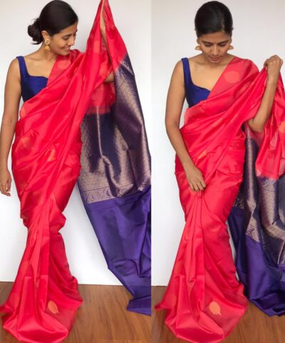 Peachy Red Kanjivaram Silk Saree with Gold Zari Motifs