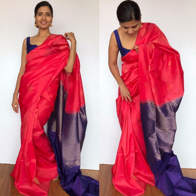 Peachy Red Kanjivaram Silk Saree with Gold Zari Motifs | Mirra clothing