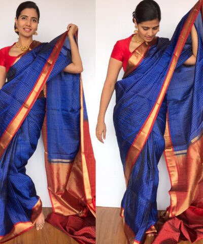 Royal Blue Kanjivaram Silk Saree with Gold Zari Checks