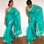 Turquoise Mangalagiri Silk Saree with Silver Zari Checks - Image 5