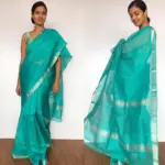 Turquoise Mangalagiri Silk Saree with Silver Zari Checks - Image 6