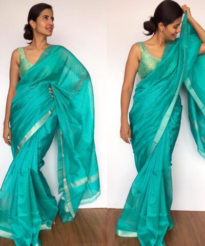 Turquoise Mangalagiri Silk Saree with Silver Zari Checks