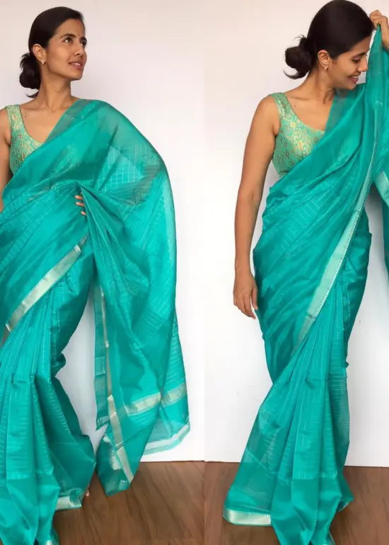 Turquoise Mangalagiri Silk Saree with Silver Zari Checks