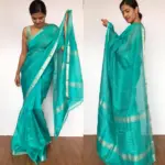 Turquoise Mangalagiri Silk Saree with Silver Zari Checks - Image 2