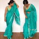 Turquoise Mangalagiri Silk Saree with Silver Zari Checks - Image 3