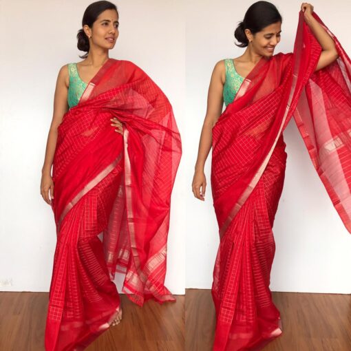 Scarlet Red Mangalagiri Silk Saree with Silver Zari Checks