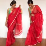 Scarlet Red Mangalagiri Silk Saree with Silver Zari Checks - Image 3
