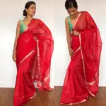 Scarlet Red Mangalagiri Silk Saree with Silver Zari Checks - Image 4