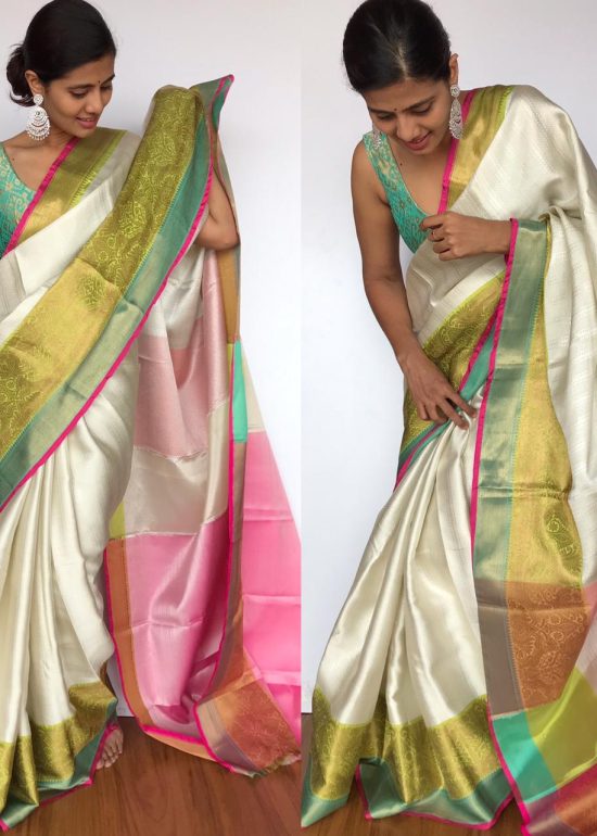Silver White Kora Silk Saree with Silver Zari Weaves
