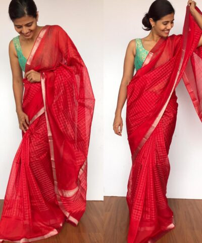 Scarlet Red Mangalagiri Silk Saree with Silver Zari Checks