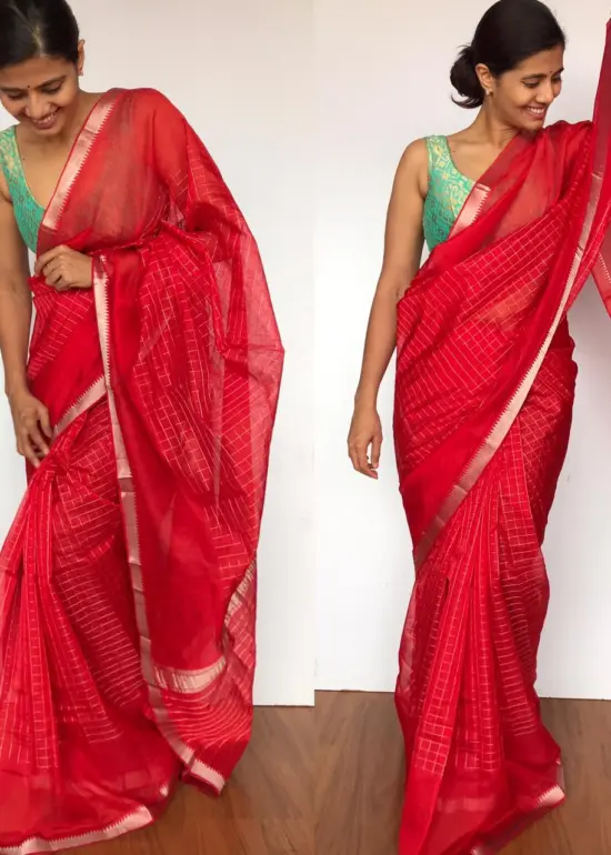 Scarlet Red Mangalagiri Silk Saree with Silver Zari Checks