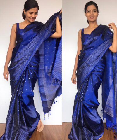 Royal Blue Kanjivaram Silk Saree with Handwoven Silver Zari Weaves