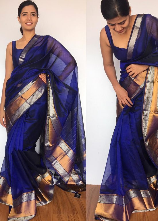 Royal Blue Mangalagiri Silk Saree with Kanchi Silk Border