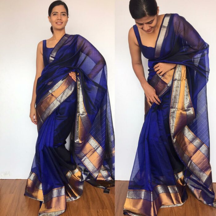 Royal Blue Mangalagiri Silk Saree with Kanchi Silk Border