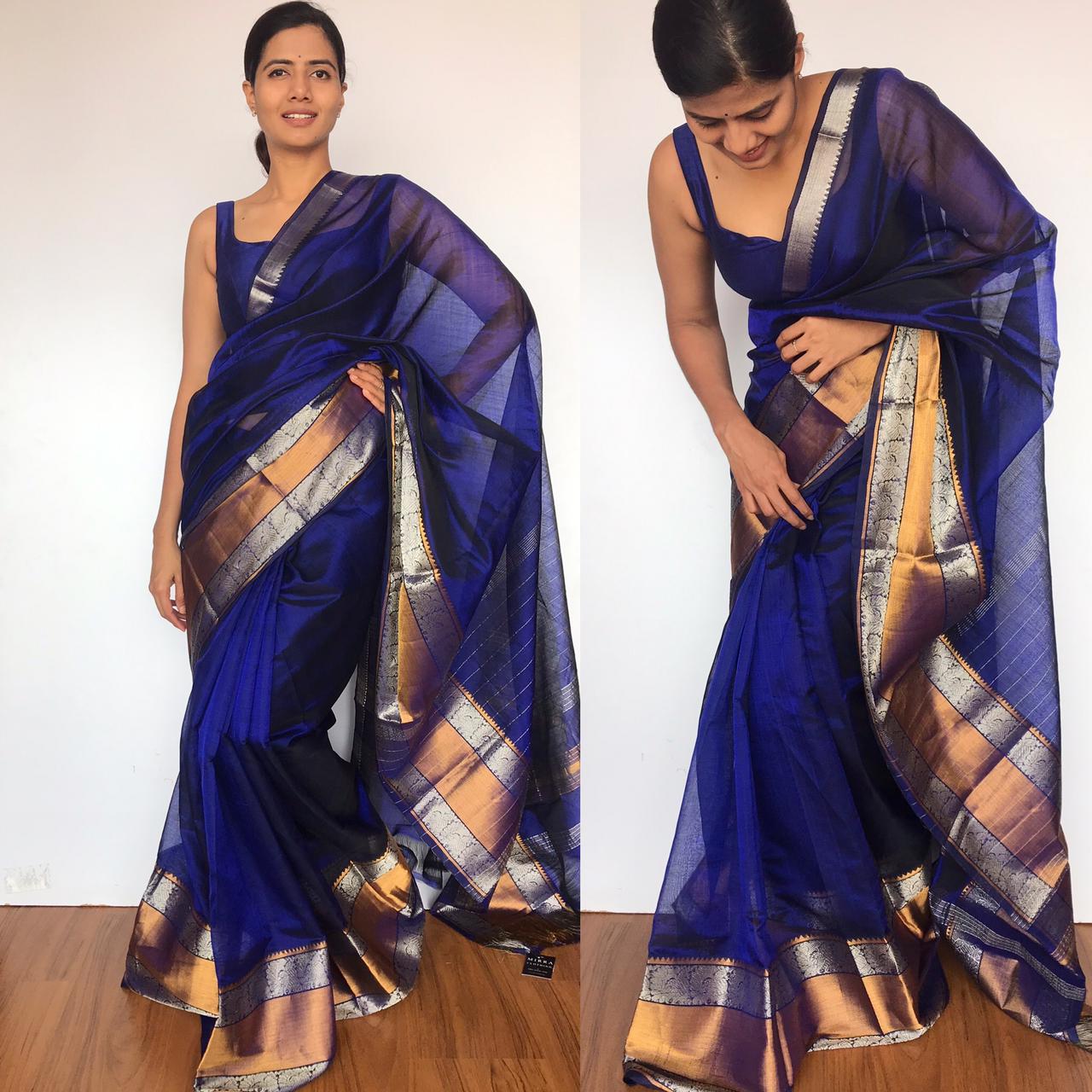 Royal Blue Mangalagiri Silk Saree with Kanchi Silk Border | Mirra clothing