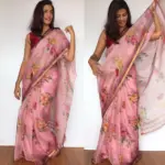 Baby Pink Kota Silk Saree with Beautiful Floral Prints - Image 3