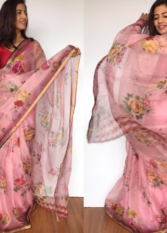 Baby Pink Kota Silk Saree with Beautiful Floral Prints