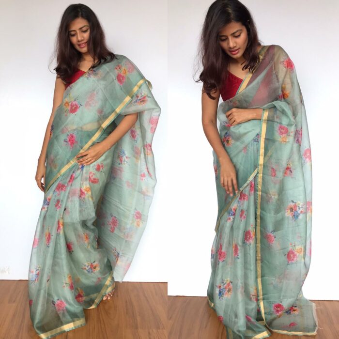 Pale Blue Kota Silk Saree with Beautiful Floral Prints