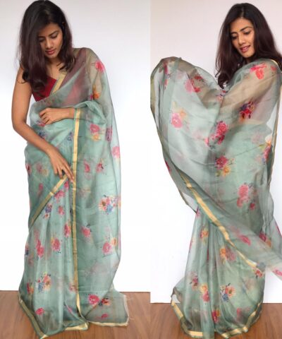 Pale Blue Kota Silk Saree with Beautiful Floral Prints