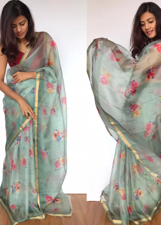 Pale Blue Kota Silk Saree with Beautiful Floral Prints