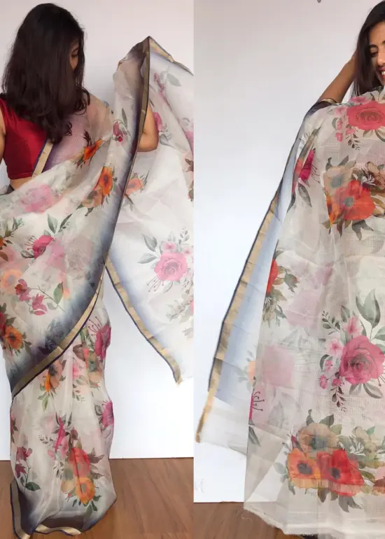 White Kota Silk Saree with Beautiful Floral Prints