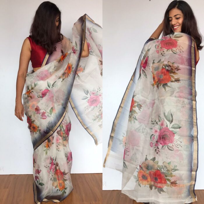 White Kota Silk Saree with Beautiful Floral Prints